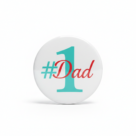 Round pinback button with teal #1 and red Dad lettering on a white background