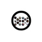 Round pinback badge with black rim and multiple character pin icons