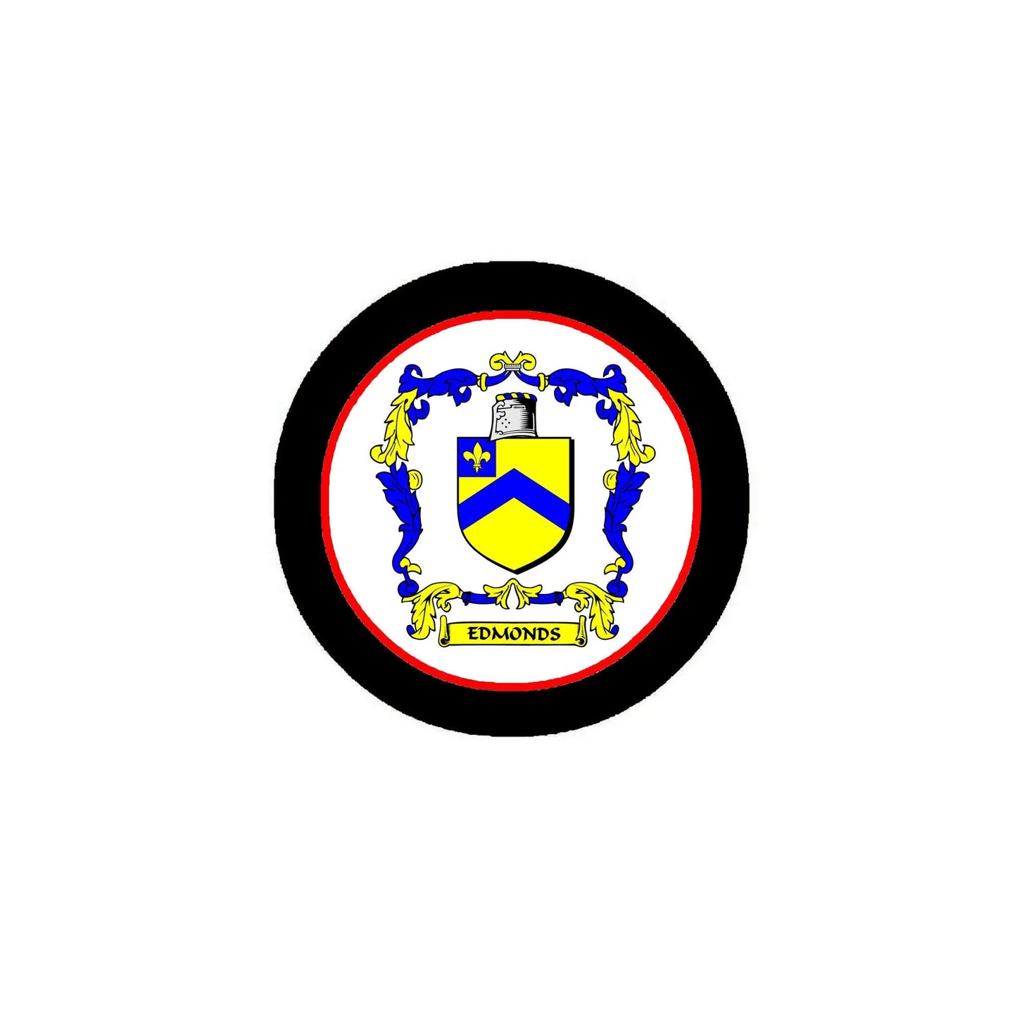 Round family crest coat of arms pinback with blue shield and black border