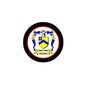 Round family crest coat of arms pinback with blue shield and black border