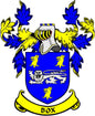 Family crest arms magnet with blue shield, gold animals, and ribbon reading “BOX”