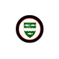 Circular coat arms magnet with black rim and green-and-white shield in red border