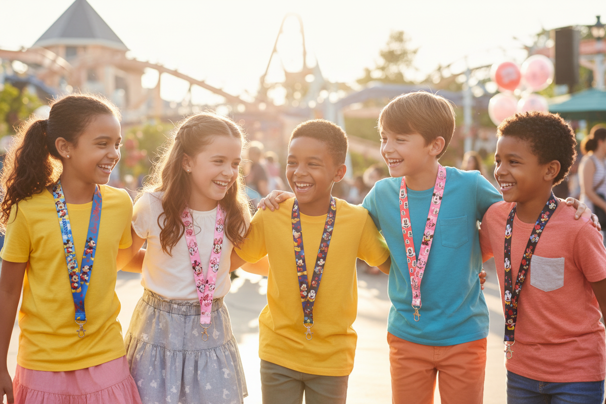 Children wearing colorful character lanyards with clip keychain ends