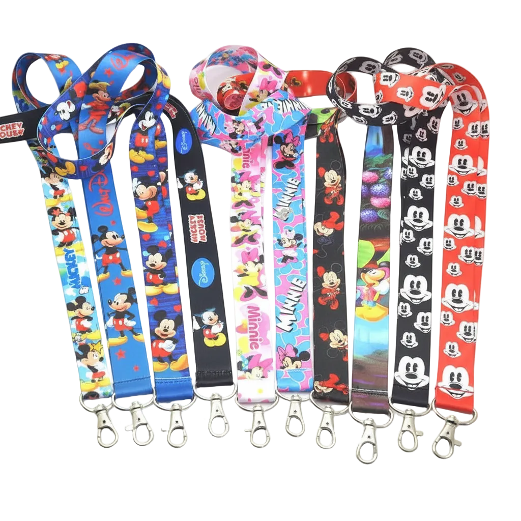 Six colorful Disney character lanyards with silver metal lobster clasps, displayed side-by-side on a white background. The lanyards feature various characters including Mickey Mouse, Minnie Mouse, Donald Duck, Daisy Duck, Pluto, and Goofy on different colorways.