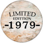 Round 2.25-inch pinback button with "LIMITED EDITION 1979" text on wood grain