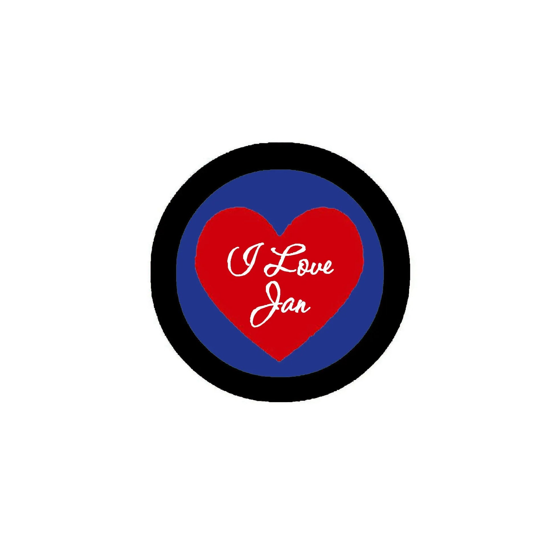 Round pinback button with red heart, 'I Love Jan' text on blue center, black rim
