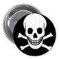 Skull and crossed bones pirate pinback button with safety pin, round metal badge