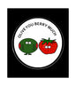 Round pinback badge, white center with olive and strawberry cartoon and 'OLIVE YOU BERRY MUCH' text