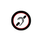 2.25-inch circular pinback button with ear icon, black outer ring and red border
