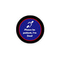 Deaf pinback button with blue center, white icon, and text “Please be patient, I'm Deaf”