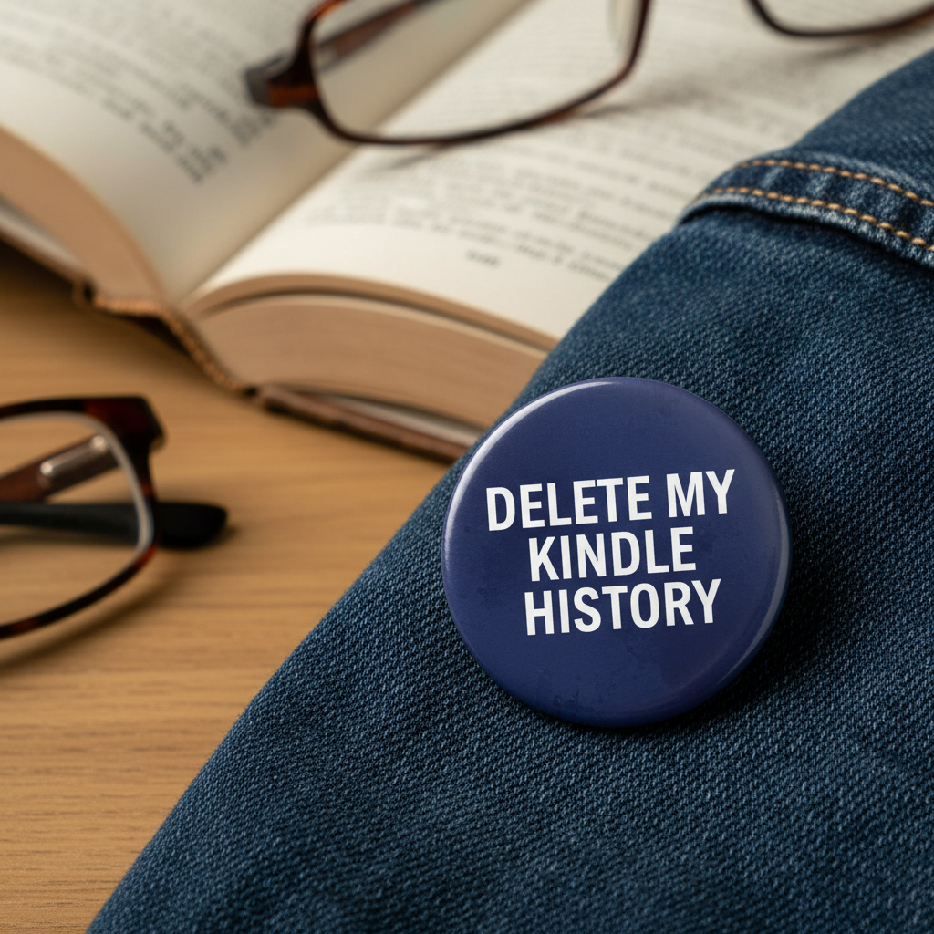 2.25-inch blue pinback button with white text 'DELETE MY KINDLE HISTORY'