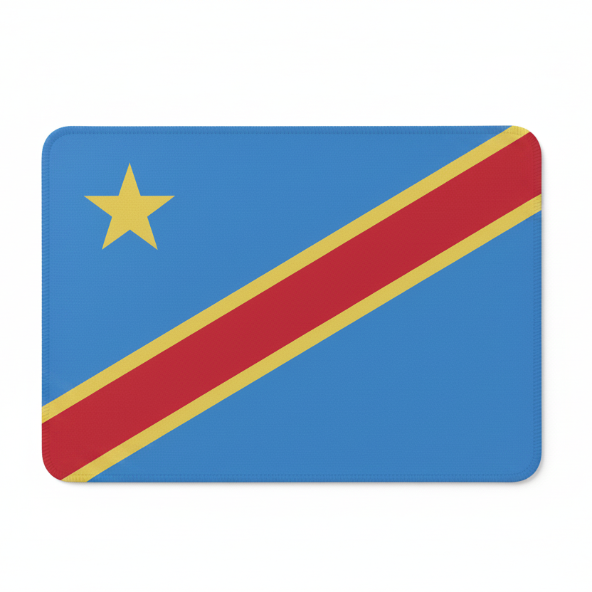 A rectangular flag with rounded corners on a light gray background. The flag is blue with a diagonal red stripe bordered by a thin yellow line and a yellow five-pointed star in the upper left.