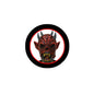 2.25-inch demon zombie pinback button with black rim and horned skull design