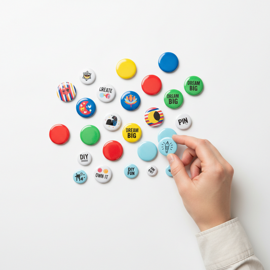 Set of colorful pinback logo buttons, with hand placing a small round badge