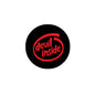 2.25-inch black round pinback with red 'devil inside' logo