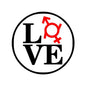 Round button pin with black LOVE lettering and red transgender symbol icons