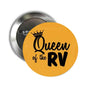 1.25-inch RV pinback badge with yellow circle, crown, and “Queen of the RV” text
