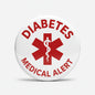 Round white diabetes medical alert pin with red cross and caduceus emblem
