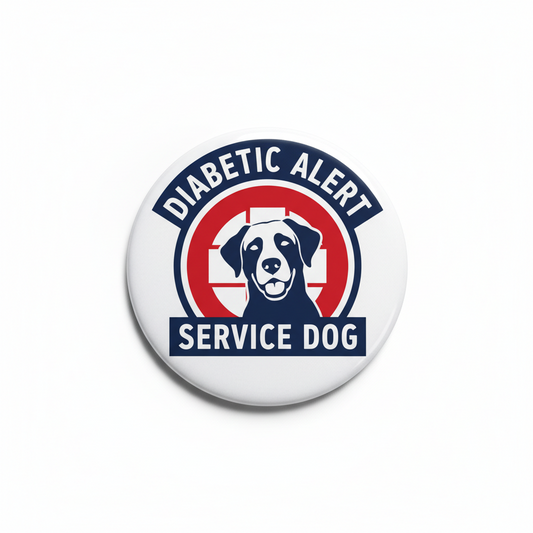 Round diabetic alert service dog enamel pin with blue text and red-and-white dog logo