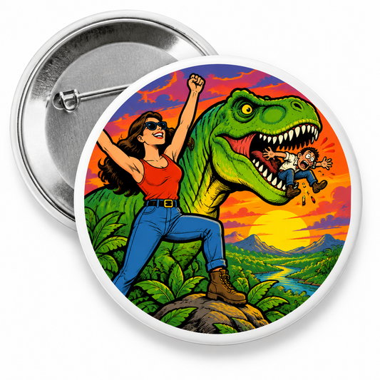 Dinosaur Eats Man, Woman Inherits the Earth Pin Button 2.25-inch