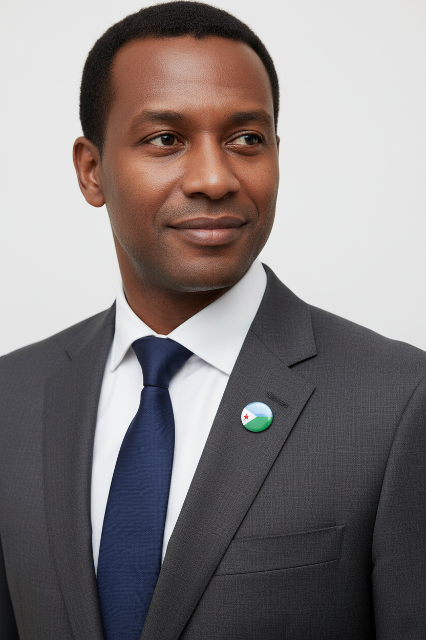 Man wearing a round Djibouti flag enamel lapel pin on a dark suit jacket.