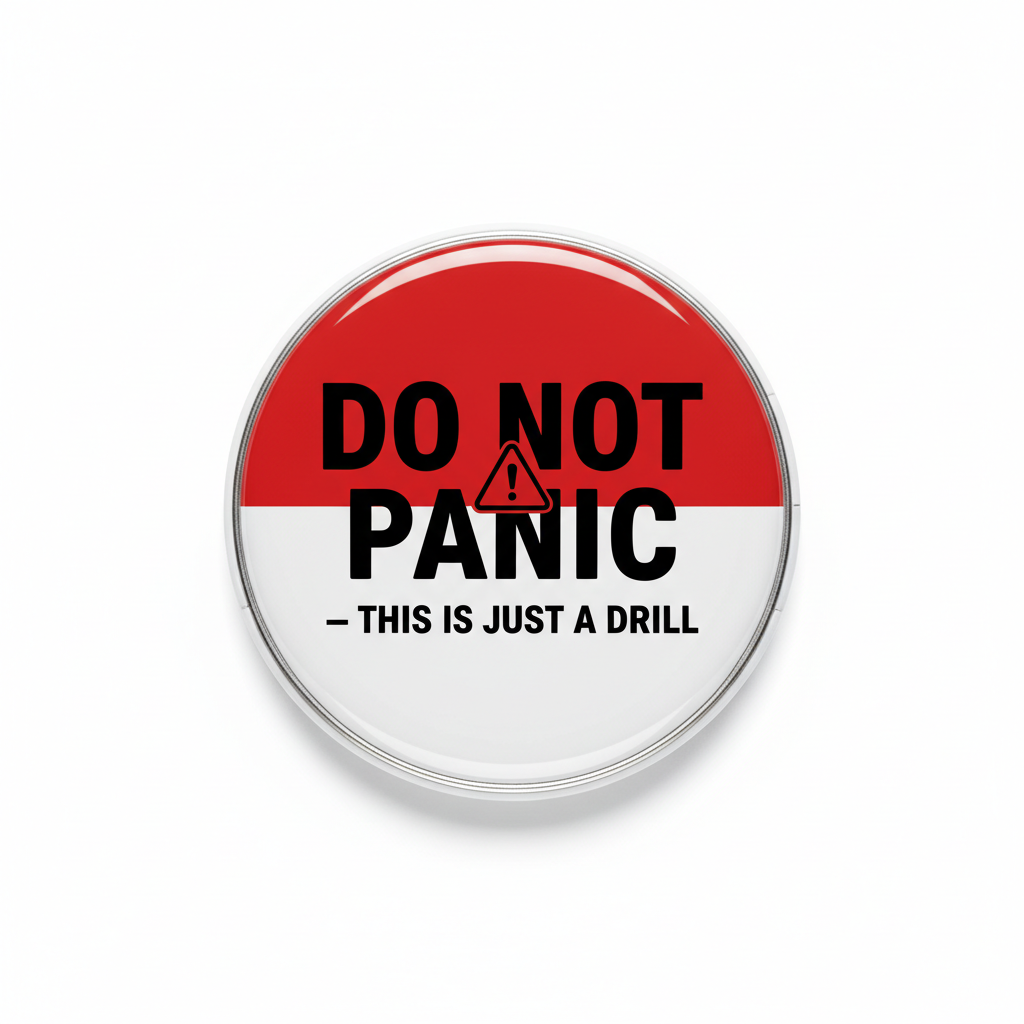 Red-and-white pinback button reading 'DO NOT PANIC—THIS IS JUST A DRILL'