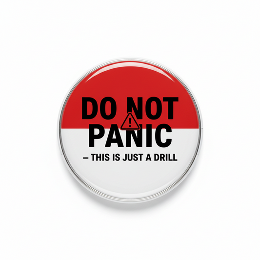 Red-and-white pinback button reading 'DO NOT PANIC—THIS IS JUST A DRILL'