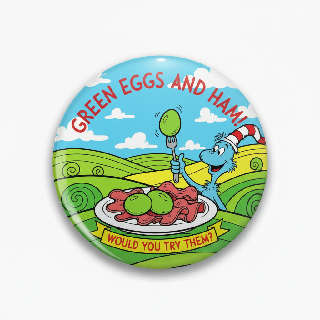 2.25-inch pinback button, blue cartoon 'GREEN EGGS AND HAM' text and food scene