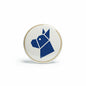 Dog symbol badge reel insert, blue dog icon on cream circle with gold edge