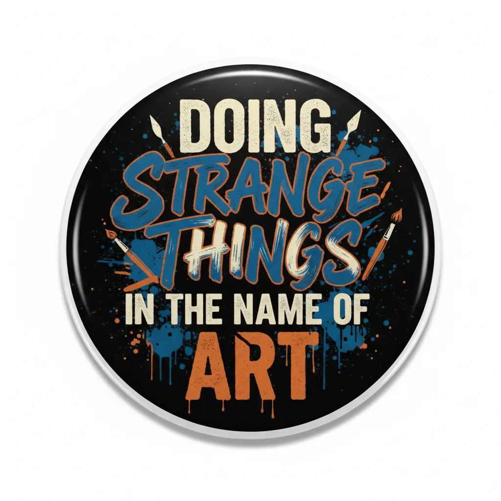 2.25-inch round pinback button, black with multicolor 'Doing Strange Things' text