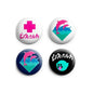Set of four 1.25-inch round pinback buttons with dolphin and plus icons
