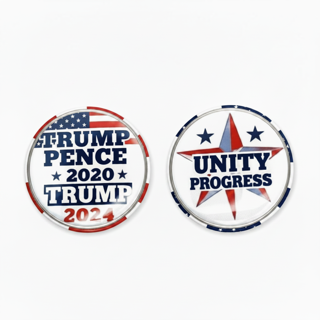 Two round political buttons on a white background. The left button reads '2020 TRUMP 2024' with a stylized 'TP' logo and red, white, and blue flag elements.