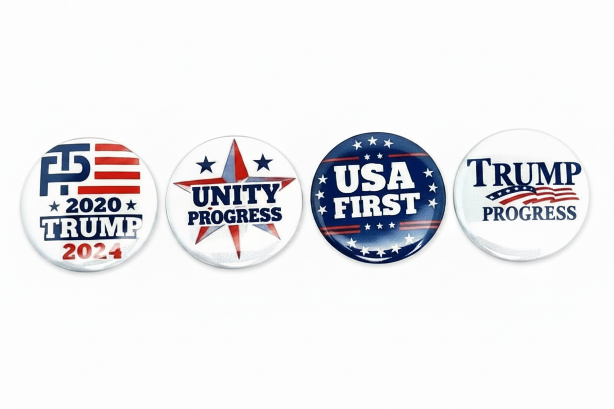 Four circular political button badges with patriotic red, white, and blue designs on a plain white background. The badges read '2020 TRUMP 2024', 'UNITY PROGRESS', 'USA FIRST', and 'TRUMP PROGRESS'.