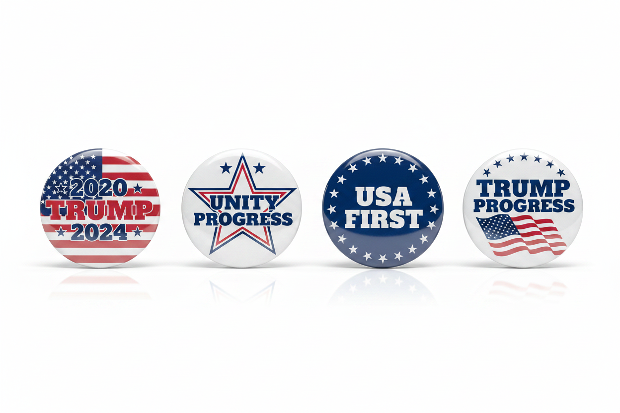 Four circular political buttons or badges shown on a white background, featuring the text '2020 TRUMP 2024', 'UNITY PROGRESS', 'USA FIRST', and 'TRUMP PROGRESS' with red, white, and blue patriotic designs.