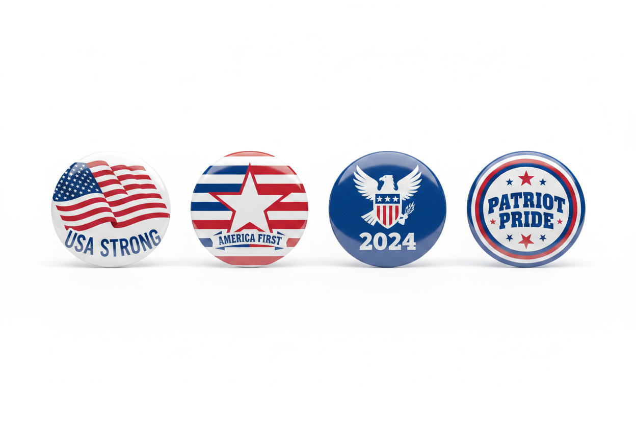 Four circular political buttons with the name Trump and the year 2024, featuring red, white, and blue American flag motifs and slogans including 'TRUMP 2024', 'OUR FUTURE NOW', 'TRUMP 2024', and 'MAKE AMERICA TRUMP 2024 GREAT AGAIN'.