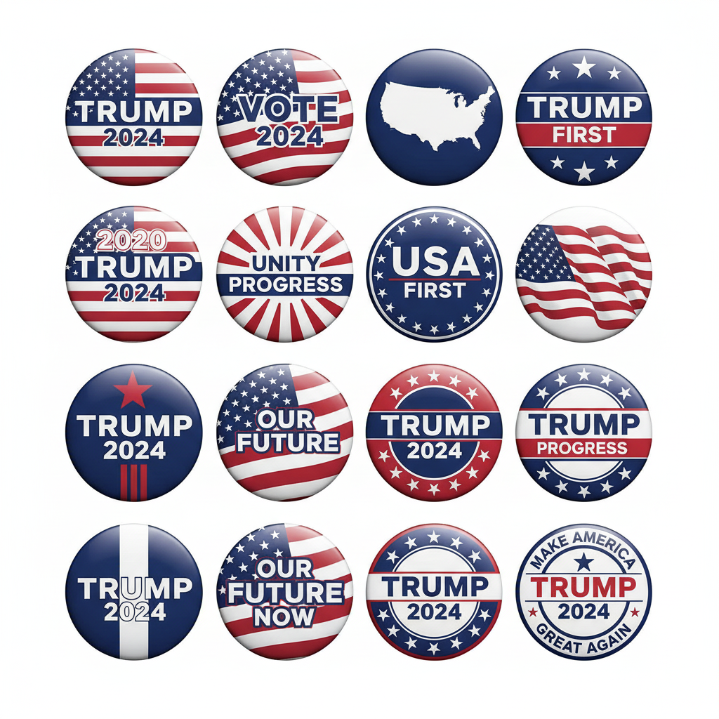 Twelve circular political pin-back buttons arranged in a 3-by-4 grid on a light gray background. The buttons feature patriotic red, white, and blue designs with slogans such as "TRUMP 2024," "VOTE 2024," "TRUMP FIRST," "UNITY PROGRESS," "USA FIRST," "TRUMP 2020," "OUR FUTURE NOW," and "MAKE AMERICA TRUMP 2024 GREAT AGAIN.