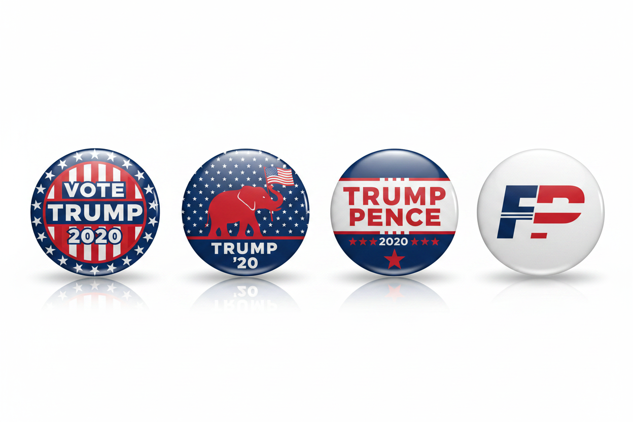 Four circular political buttons or badges shown side by side on a white background. The left button is red, white, and black with the text 'VOTE TRUMP 2020'.
