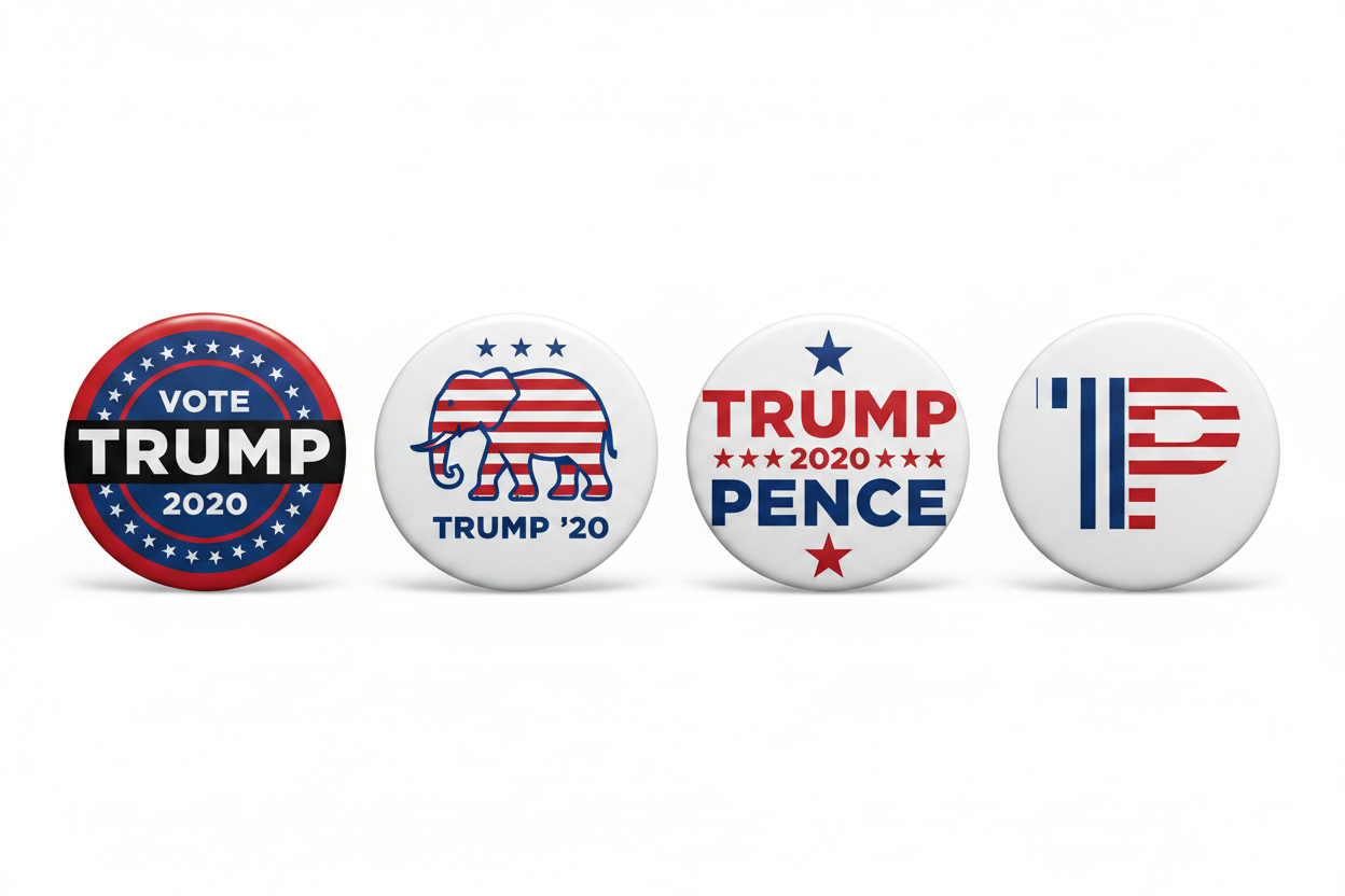 Four political button badges lined up on a white background. The badges feature red, white, and blue designs with the text 'VOTE TRUMP 2020', 'TRUMP 2020 PENCE', and 'TRUMP', alongside a elephant and stylized 'TP' graphics.