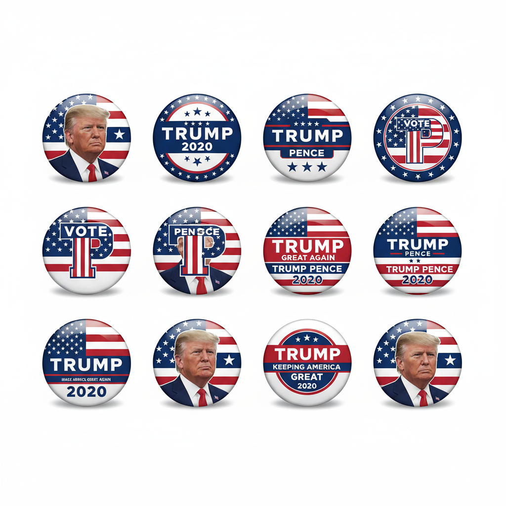 Set of circular political pinback buttons with Trump and Pence designs, 12-pack