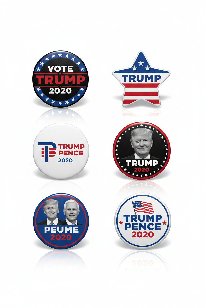 Six circular political button badges featuring Trump and Pence designs on a plain white background.