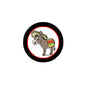 Little Donkey pink pinback button, circular black rim with colorful donkey illustration