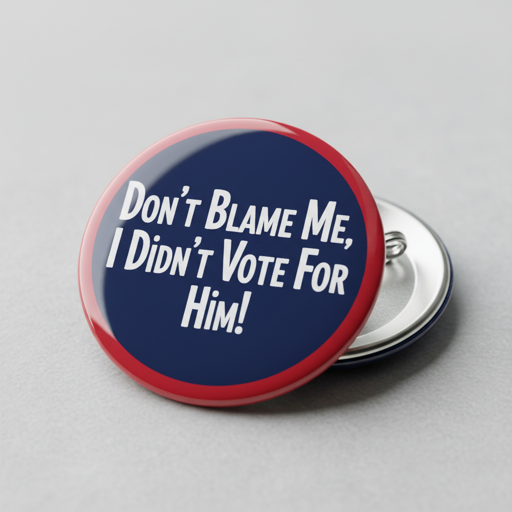2.25-inch pinback button, red rim and navy face; text: 'Don't Blame Me, I Didn't Vote for Him!'