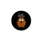 Dotti dog pinback button, round black with orange cartoon dog and 'dotti' text.
