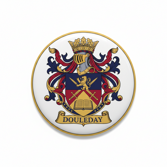 Family crest pinback button with circular gold border and DOULEDAY coat of arms