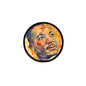 Round MLK portrait art pinback button with black border and multicolor face