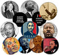 Set of circular pinback buttons with Martin Luther King Jr portraits and quotes