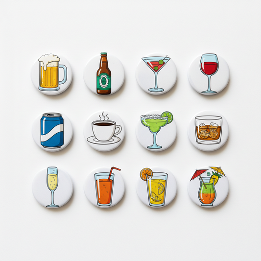 Set of 12 circular drink-themed refrigerator magnets with beer, wine, cocktails, and juice icons