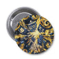 1.25-inch round pinback button with blue and yellow abstract burst design