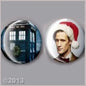 Round pinback badge set: blue building scene and Santa-style hat portrait, 1.25 in