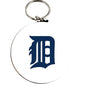 Gothic letter D bottle opener keychain with round metal ring and blue D emblem